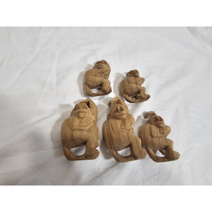 Vintage Hand Carved Wooden Hanging Monkey Figurines Set Of 5